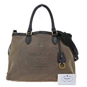 PRADA MILANO Jacquard 2Way Shoulder Hand Bag Canvas Leather Brown Black 76KP262